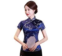 Vintage Flower Women Chinese Traditional Satin Summer Shirt Novelty Dragon Clothing Tops Novelty Clothes A0025 navyblue M