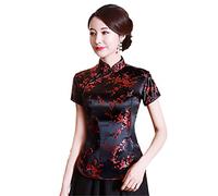 Vintage Flower Women Chinese Traditional Satin Summer Shirt Novelty Dragon Clothing Tops Novelty Clothes A0031 Black red L
