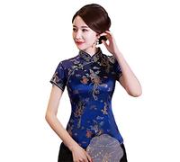 Vintage Flower Women Chinese Traditional Satin Summer Shirt Novelty Dragon Clothing Tops Novelty Clothes A0018 navyblue M