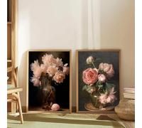 Vintage Flowers Canvas Paintings Pink Roses Bouquet Nordic Still Life Painting Print Poster Wall Art Pictures Home Decor 35x50cmx2 Frameless