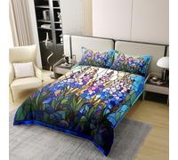 Vintage Flowers Girls Bedding Set Single Size 100% Cotton, Floral Leaf Natural Plant Botanical Bedding Set,Geometric Stained Glass Art Room Decor,Blue Purple Quilt Cover,1 Pillowcase(No Filler)