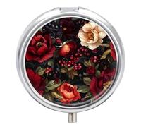 Vintage Flowers Victorian Dark Roses Pill Box with 3 Compartments and Mirror Cute Metal Round Pill Case for Vitamin Fish Oils