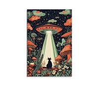 Vintage Flying Saucer Cat Wall Art, Hanging Paintings Poster Retro UFO Alien Abduction Mushroom Design, Rustic Landscape Abstract Animal Art Decor 08x12inch(20x30cm)