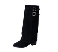 Vintage Fold Over Knee High Slouch Boots for Women Low Chunky Block Heel Suede Boots Elegant Pointed Toe Slip On Shoes with Buckles for Festival Outfits, City Walks, and Casual Days