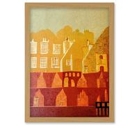 Vintage Folk Art Mid Century Cityscape Abstract Artwork Framed Wall Art Print A4 Artery8 Light Oak One Size