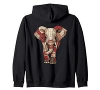 Vintage Folk Art Red Patchwork Elephant Zip Hoodie