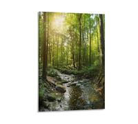 Vintage Forest Landscape Canvas Wall Art, Nature Stream Sunlit Trees Picture Painting on Canvas, Print Poster Decoration Artwork for Home Living Room Bedroom Wall Decor Frame 16x24inch(40x60cm)