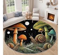 Vintage Forest Round Rug, 120 cm Mushroom Little Snail Grass Print Rug, Soft, Non-Slip, Washable Circle Mat, Black Rugs, Carpet for Living Room, Bedroom, Entrance Floor Decoration