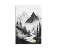 Vintage Forest Wall Art, Black Gold Pine Tree Mountain Abstract Canvas Hanging Paintings Poster Black And White Watercolor Landscape Picture for Living Room Bed 08x12inch(20x30cm)