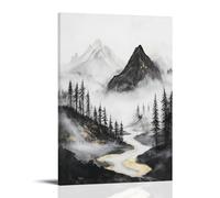 Vintage Forest Wall Art, Black Gold Pine Tree Mountain Abstract Canvas Hanging Paintings Poster Black And White Watercolor Landscape Picture for Living Room Bed 16x24inch(40x60cm)