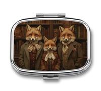 Vintage Fox Family in A Classical Library Pill Box 2 Compartment Portable Medicine Pill Case Travel Pill Organizer for Pocket Purse