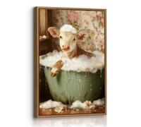 Vintage Framed Canvas Wall Art, Cow in Bathtub Wall Pictures for Bathroom, Funny Animals Walls Painting Humorous Bathing the Cow Canvas Prints Artwork Home Decor for Toilet Bedroom Living Room 30X40cm