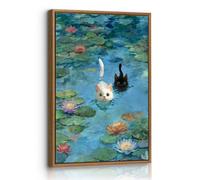 Vintage Framed Canvas Wall Art Funny Cat in Water Lilies Canvas Picture for Bedroom Monet Famous Floral Wall Painting Humorous Animal Art Prints Home Decor for Bedroom Bathroom Living Room 40X60cm