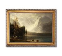 Vintage Framed Deer Lake Landscape Poster Canvas Print Art Rustic Wall Art Painting Pictures Elegant Home Decor Wall Decoration Living Room Bedroom Apartment (Retro Framed,16L x24W)