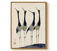 Vintage Framed Ink Crane Wall Art 12x16 Canvas Print, Four Red-Crowned Cranes Traditional Brush Painting Style Minimalist Japanese Bird Nature Artwork, Modern Bathroom Entryway Decor