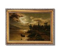 Vintage Framed Moonlight Lake House Canvas Print Art Rustic Wall Art Painting Pictures Exquisite Wall Decor Home Decor for Living Room Bedroom Office Dorm Room Art Print (Retro Framed,16L x24W)