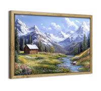 Vintage Framed Mountain Wall Art Nature Landscape Canvas Prints Alpine Cabin Scenery Wall Pictures Rustic Farmhouse Forest Wall Paintings for Bedroom Living Room Kitchen Home Decorations 30x40cm