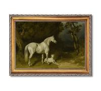 Vintage Framed White Horse and Dog Poster Canvas Print Art Vintage Rustic Wall Art Painting Pictures Elegant Wall Decoration for Living Room Bedroom Home Decor Art Print (Retro Framed,24L x36W)