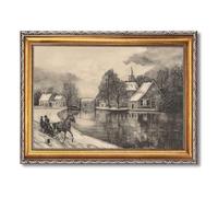 Vintage Framed Winter Village Canvas Print Art Rustic Landscape Painting Whimsical Art Print Wall Art Pictures Home Decor Wall Decoration for Living Room Bedroom College (Retro Framed,24L x36W)