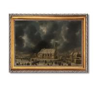 Vintage Framed Winter Village Scene Poster Canvas Print Art Rustic Painting Wall Art Pictures Whimsical Wall Decor Home Decor Decoration Wall Decoration for Living Room Office (Retro Framed,16L x24W)