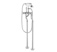 Vintage Freestanding Bathtub Faucet with Telephone Hand Shower Floor Mount Clawfoot Tub Filler Double Cross Handles Chrome Finish Elegant Bath Fixture for Stylish Bathrooms