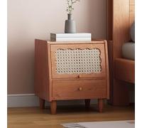Vintage French Black Solid Wood Nightstand with Double Storage Drawers, Mini Oak Rattan Bedside Table - Chic Retro Bedroom Furniture & Stylish Storage Solution