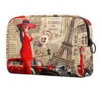 Vintage French Newspaper Red Dress Women Cosmetic Bag for Women, Travel Toiletries Bags Large Makeup Handy Pouch Organiser Bag with Zipper