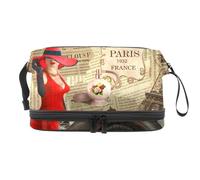 Vintage French Newspaper Red Dress Women Double Layer Cosmetic Bag for Women and Girls, Travel Toiletry Bag Makeup Handy Pouch Organiser Bag with Brush Compartment
