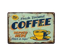 Vintage Fresh Brewed Coffee Metal Tin Sign - Retro Coffee Station Wall Decor for Kitchen and Cafe - Rustic Coffee Bar Art Plaque - 8x12 Inch