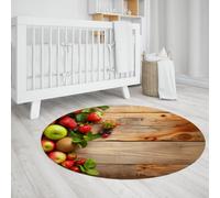 Vintage Fruit Market Round Rug Non-Slip Thin Area Rugs for Nursery Kids Room Entryway Rustic Wood Plank Background with Apples Strawberries and Green Leaves Circle Kids Room Rug 135cm