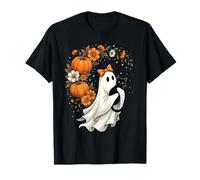 Vintage Fun Halloween Ghost Holding Black Cat Groovy Floral T-Shirt