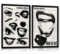 Vintage Funky Canvas Wall Art 70s Quirky Girly Eyes Lips Room Aesthetics Poster Preppy Black and White Abstract Prints Trendy Downtown Girl Room Wall Decor for living rooms, beautiful bedrooms, dining