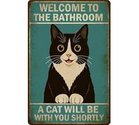 Vintage Funny Bathroom Wall Sign - Welcome to the Bathroom A Cat Will Be With You Shortly - Black Cat Metal Tin Sign for Restroom or Toilet Decor, 8x12 Inch