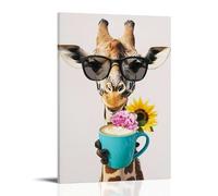 Vintage Funny Giraffe Drinking Coffee Wall Art, Cute Animal Canvas Hanging Paintings Poster, Retro Aesthetic Wildlife Art Print for Dining Room Kitchen Living R 16x24inch(40x60cm)