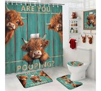 Vintage Funny Highland Cow Shower Curtain Set Retro Green Plank Door Bath Curtain for Farmhouse Bath Decor Set Funny Bath Curtain Set with Anti-Slip Waterproof Bathtub Bathroom Rugs Toilet Lid Cover