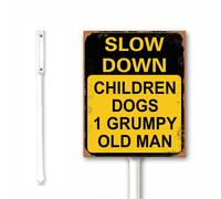 Vintage Funny Slow Children Dogs 1 Grumpy Old Man Yard Sign With Stake 18x22 CM, Traffic Signs Slow Down Signs for Neighborhood Street Road, Sturdy Aluminum Rust Free Outdoor