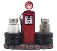 Vintage Gas Station Filling Pump Salt and Pepper Shaker Set with Decorative Car Tires & Route 66 Sign for Restaurant or Retro Kitchen Decor Spice Racks as Classic Car Style Father's Day Gifts for Dad