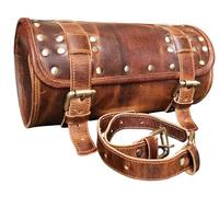 Vintage Genuine Goat Leather Motorcycle Bag, 2 Strap Buckle Closure, Brown Tool Bag, Quick Release, Reinforced for Handlebars, Forks, Leather Bike Bag (Round Shape Brown)