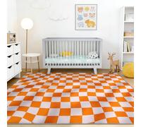 Vintage Geometric Short Pile Non-Slip Area Rug for Living Room Doorway Bedroom, Abstract Squares Checkered Pattern Machine Washable Carpet 60 x 110 cm, Orange White