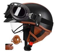 Vintage German Leather Half Face ABS Motorcycle Helmet with Removable Collar - Light Scooter/Cruiser Bowl Helmet, Breathable Liner, Shockproof EPS, Quick-Clamp Unisex 12,L57-58CM