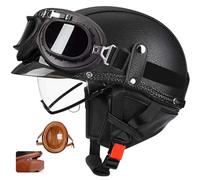Vintage German Leather Half Face ABS Motorcycle Helmet with Removable Collar - Light Scooter/Cruiser Bowl Helmet, Breathable Liner, Shockproof EPS, Quick-Clamp Unisex 9,XL59-60CM