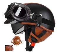 Vintage German Leather Half Face ABS Motorcycle Helmet with Removable Collar - Light Scooter/Cruiser Bowl Helmet, Breathable Liner, Shockproof EPS, Quick-Clamp Unisex 11,2XL61-62CM