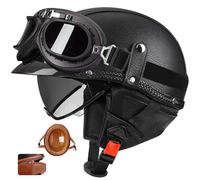 Vintage German Leather Half Face ABS Motorcycle Helmet with Removable Collar - Light Scooter/Cruiser Bowl Helmet, Breathable Liner, Shockproof EPS, Quick-Clamp Unisex 8,XL59-60CM