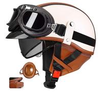 Vintage German Leather Half Face ABS Motorcycle Helmet with Removable Collar - Light Scooter/Cruiser Bowl Helmet, Breathable Liner, Shockproof EPS, Quick-Clamp Unisex 2,M55-56CM