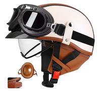 Vintage German Leather Half Face ABS Motorcycle Helmet with Removable Collar - Light Scooter/Cruiser Bowl Helmet, Breathable Liner, Shockproof EPS, Quick-Clamp Unisex 3,L57-58CM