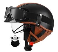 Vintage German Motorbike Half Helmets with Goggles, Mask, ECE/DOT Approved Leather Motorcycle Helmet, Men Women Retro Half Shell Open Face Helmet for Chopper Cruiser Scooter