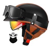 Vintage German Motorbike Half Helmets with Goggles, Mask, ECE/DOT Approved Leather Motorcycle Helmet, Men Women Retro Half Shell Open Face Helmet for Chopper Cruiser Scooter