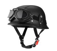 Vintage German Motorcycle Half Helmets with Goggles, ECE/DOT Approved Leather Motorbike Skull Cap Helmet, Men Women Retro Open Face Helmet for Moped Bicycle Cruiser Scooter (A1, M 55~56CM)