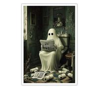Vintage Ghost Canvas Wall Art Ghost Reading Book Vintage Halloween Prints Ghost in Bathroom Wall Art Funny Gothic Aesthetic Posters Ghost on Toilet Painting Dark Academia Pictures 16x24inch No Frame
