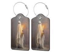 Vintage Ghost Holding A Lit Candle Luggage Tag for Suitcase 2 Pack Leather Luggage Tag with Privacy Flap Name Id Label and Metal Loop for Women Men Travel